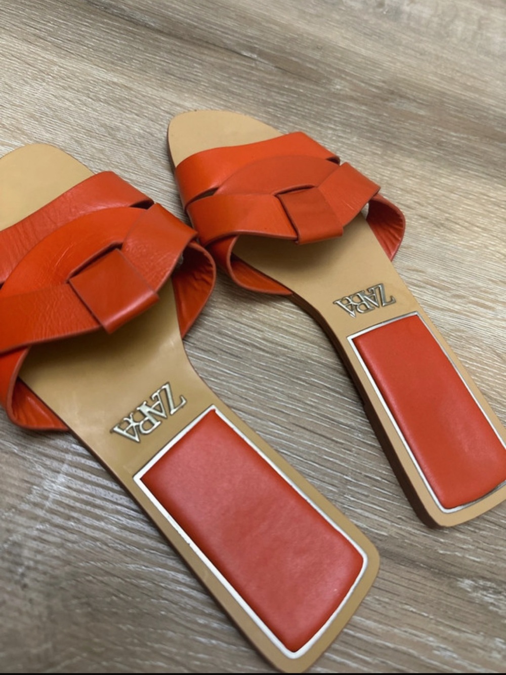 Zara Orange Woven Leather Slide Mules